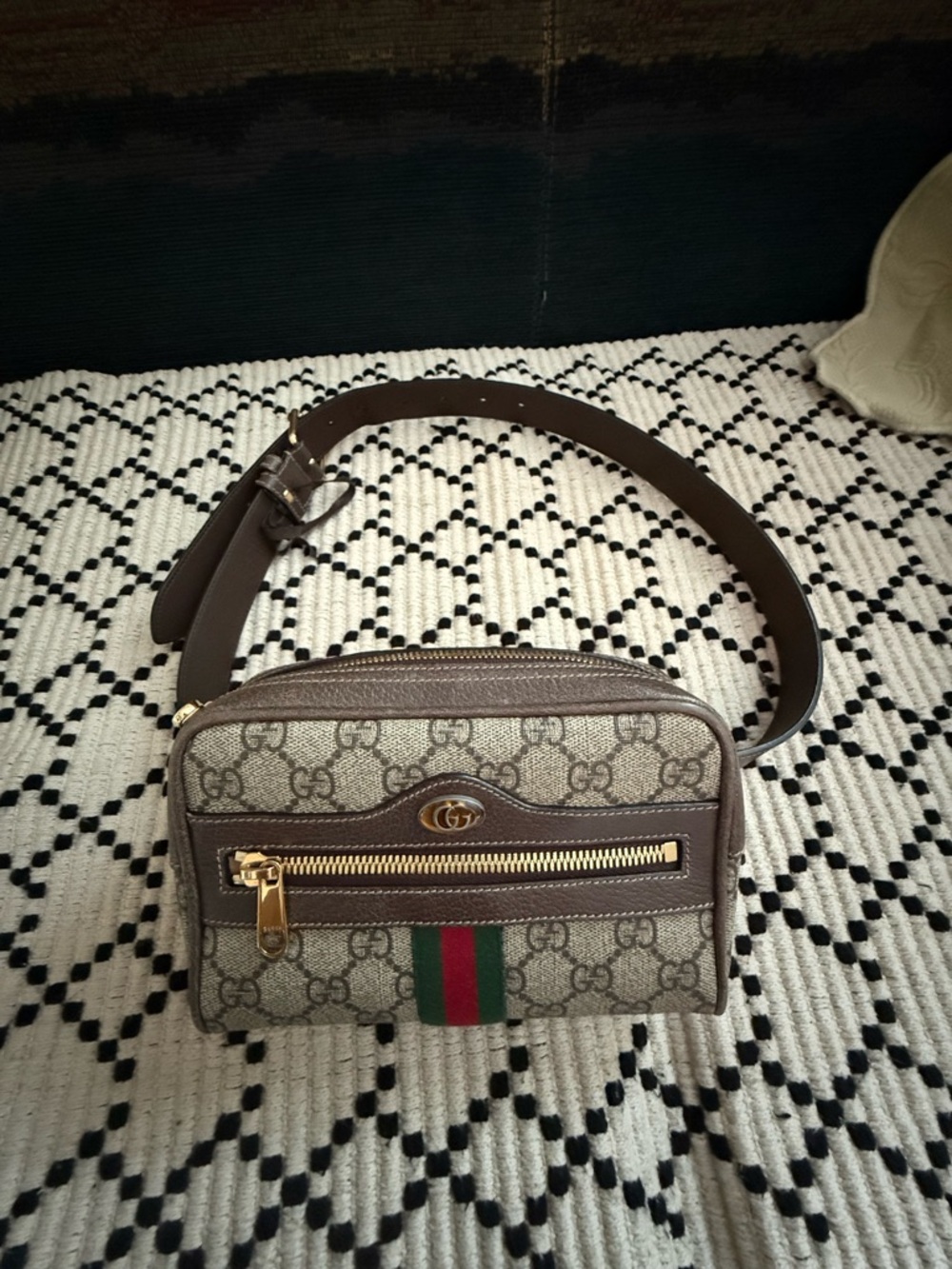 Gucci Brown GG Supreme Canvas Belt Bag with Green-Red Web